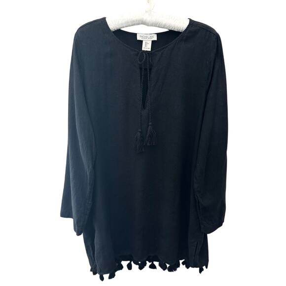 RACHEL ZOË | Black Linen Tunic Top Boho Tassel Hem Resort Blouse | Large - Picture 1 of 7